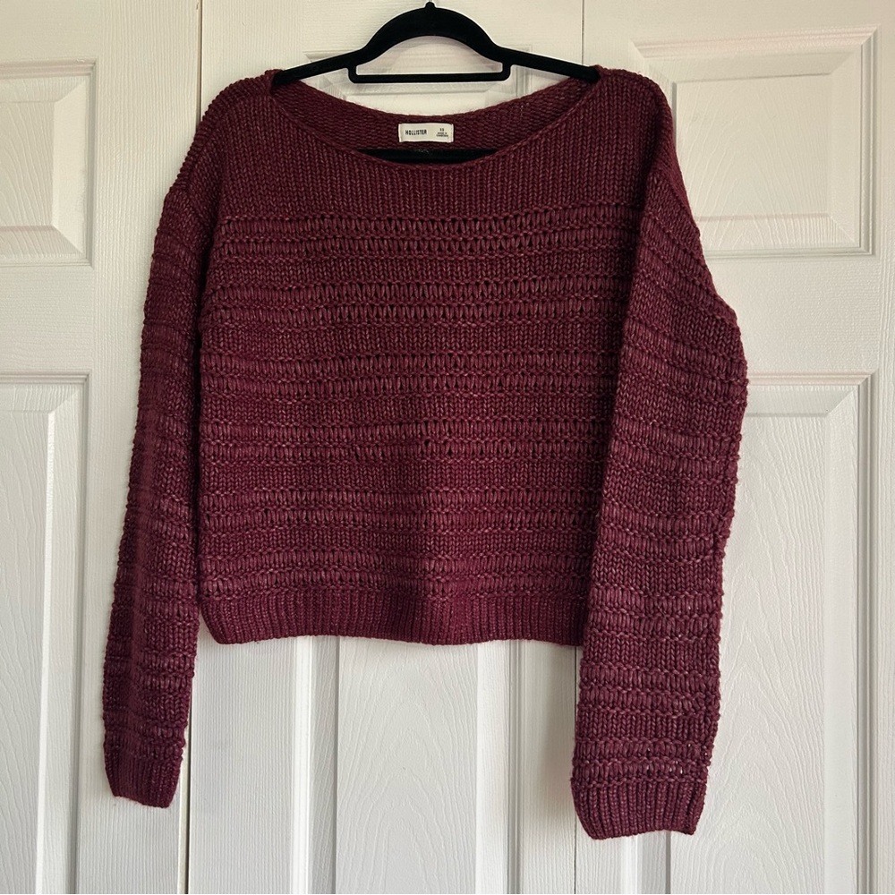 Hollister Deep Red Maroon Open Knit Stripe Crew Neck Sweater